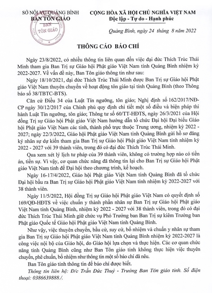 Quảng Bình trả lời việc thuyên chuyển, bổ nhiệm Đại đức Thích Trúc Thái Minh